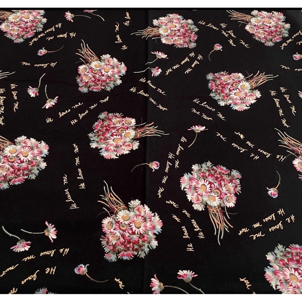 Vintage RAYON CHALLIS He Loves Me Not Black Floral Daisy Fabric 8 Yards 45"